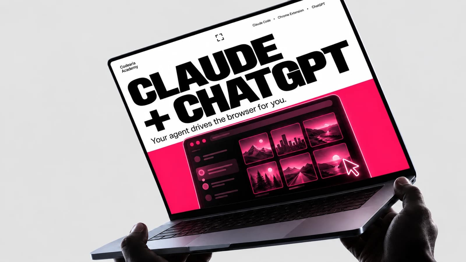Обложка статьи: ноутбук в двух руках, на экране надпись Claude + ChatGPT над сеткой сгенерированных картинок и курсором