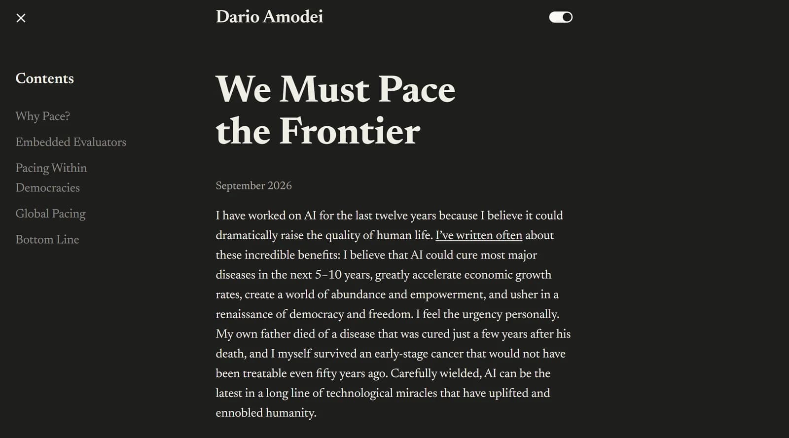 The page of the essay We Must Pace the Frontier by Dario Amodei: the title, the date September 2026 and a contents list of Why Pace?, Embedded Evaluators, Pacing Within Democracies, Global Pacing, Bottom Line