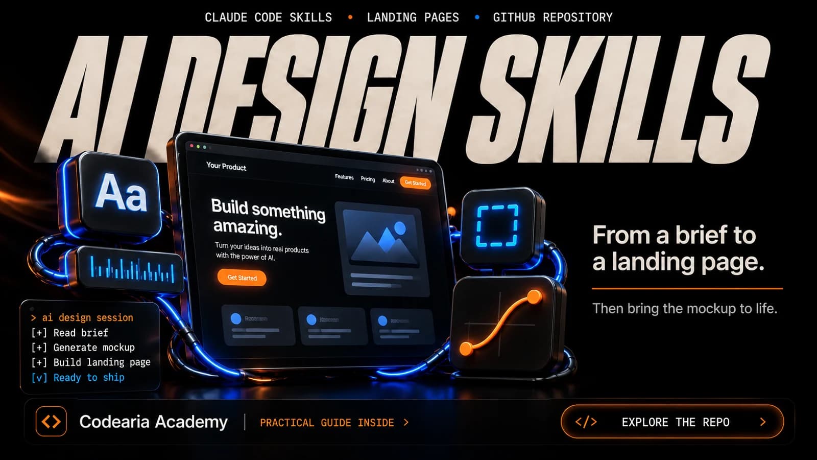 Обложка AI Design Skills: лист с брифом превращается в первый экран лендинга, рядом статичная карточка-макет оживает в кадрах киноплёнки