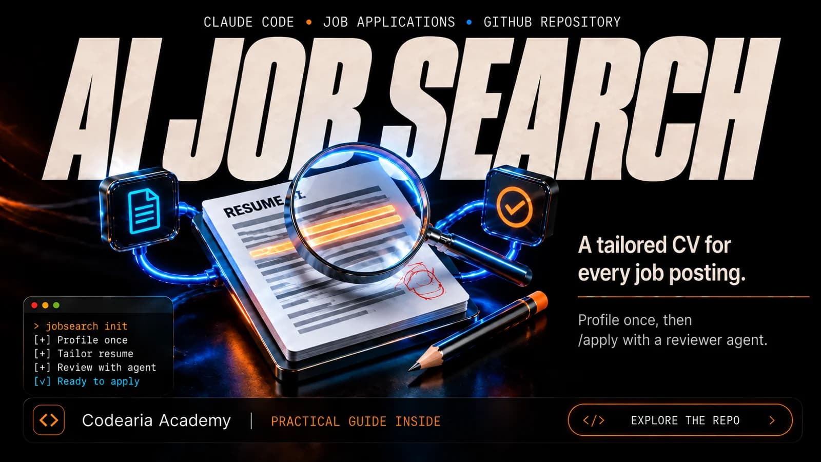 AI Job Search cover: a CV and cover letter come out of a terminal, next to the reviewing agent's magnifying glass