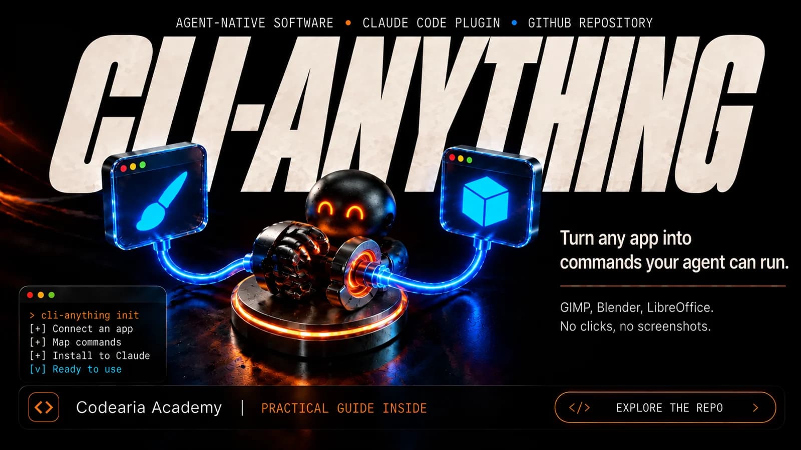 CLI-Anything cover: windows of a graphics editor, a 3D program and an office suite turn into lines of commands in a terminal