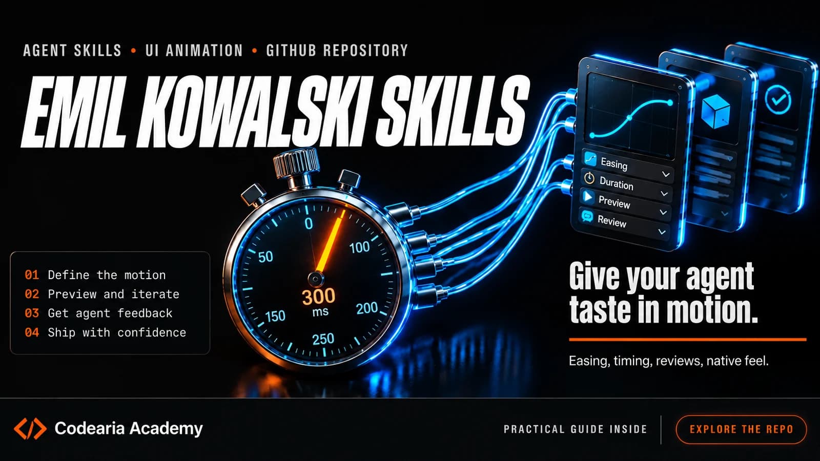 Обложка Emil Kowalski Skills: кривая плавности и выпадающее меню, раскрывающееся от кнопки