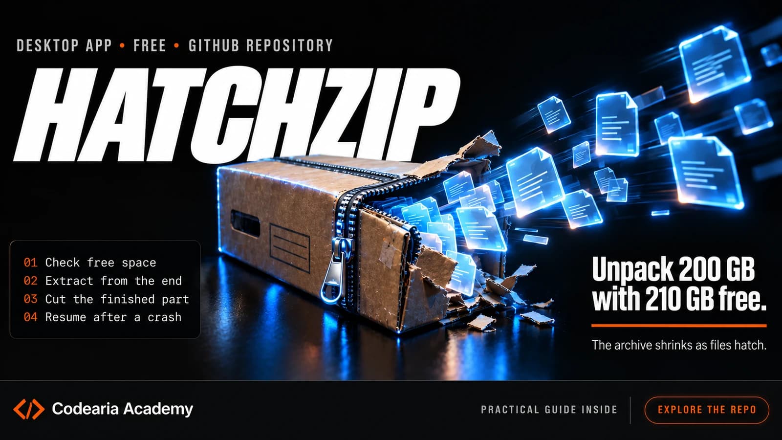 HatchZip cover: a zipped cardboard archive box shrinking as glowing files fly out of it