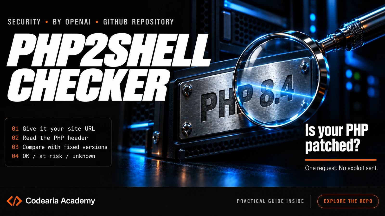 Обложка PHP2Shell Checker: стальная табличка с версией PHP и лупа, которая сканирует её лучом