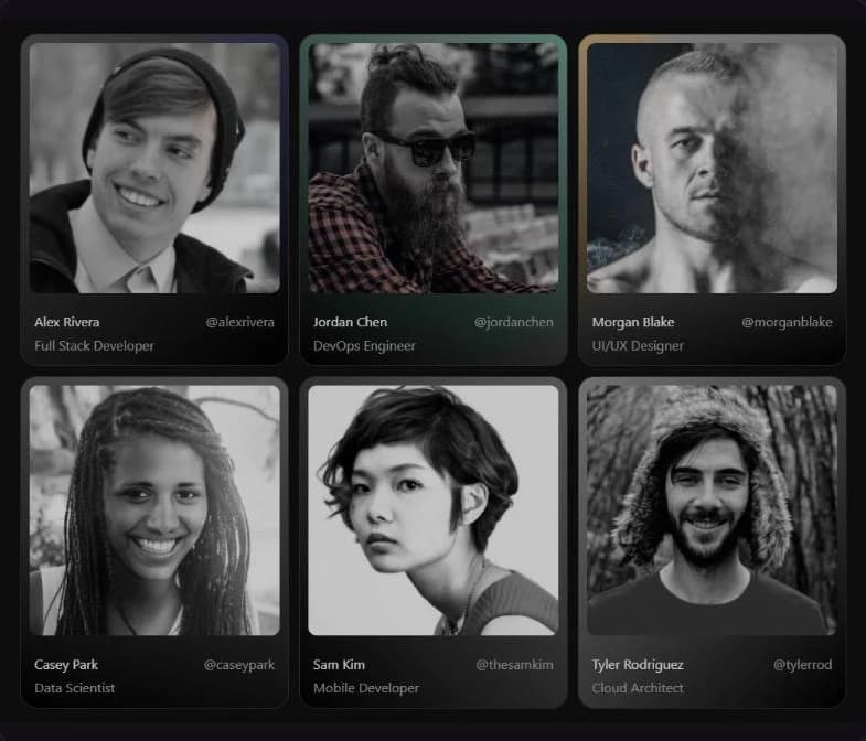 The Chroma Grid component: a grid of people cards where colour appears under the cursor