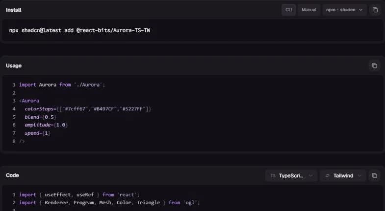 The Aurora component page: install command, usage example and full source with TypeScript and Tailwind switches