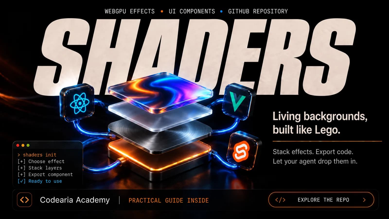 Обложка Shaders: переливающиеся слои градиента, стекла и металла складываются в живой фон сайта