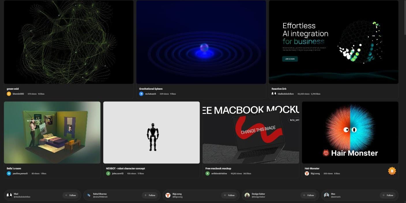 The Spline community feed with ready-made scenes and view counts