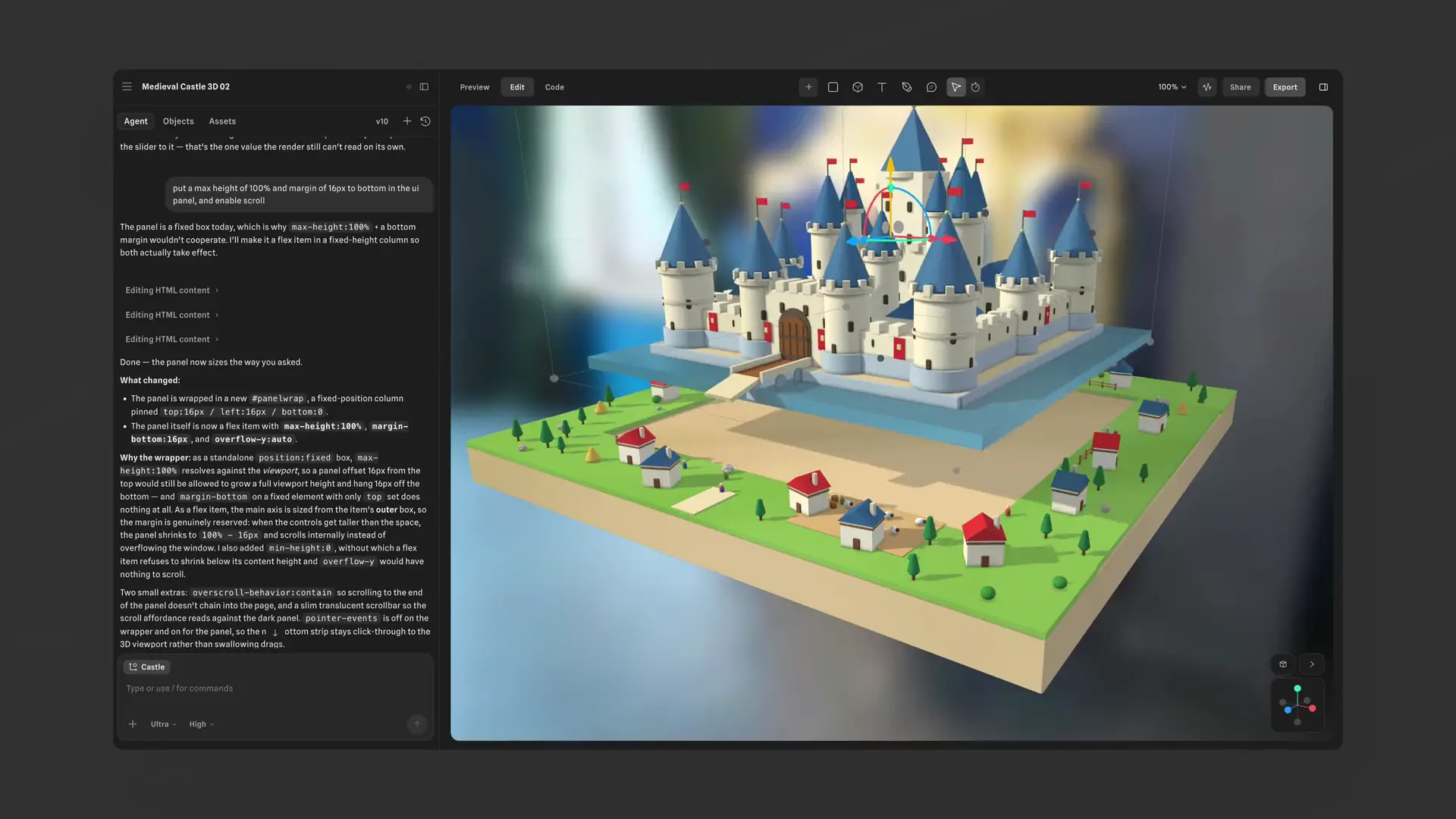 The Spline editor: a castle scene with an AI agent panel on the left
