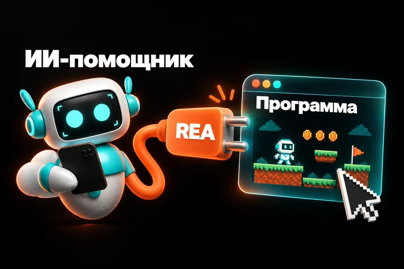 Diagram: the AI assistant in the middle, REA plugged into it like a socket through which the assistant sees the program's code