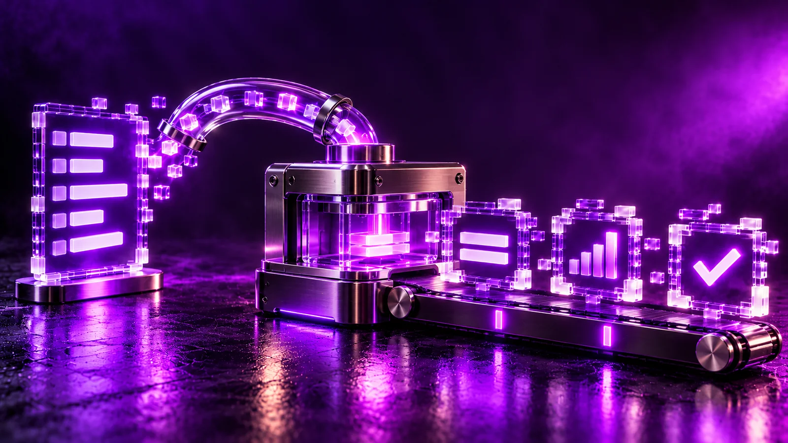 A glass data card with rows of values pours light into a machine that prints three finished video frames