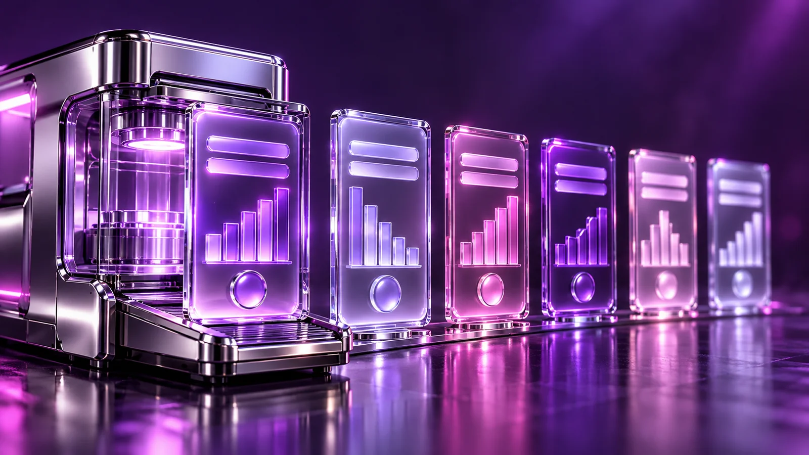 One glowing template machine sends out a row of finished vertical videos, each with a different chart and colour