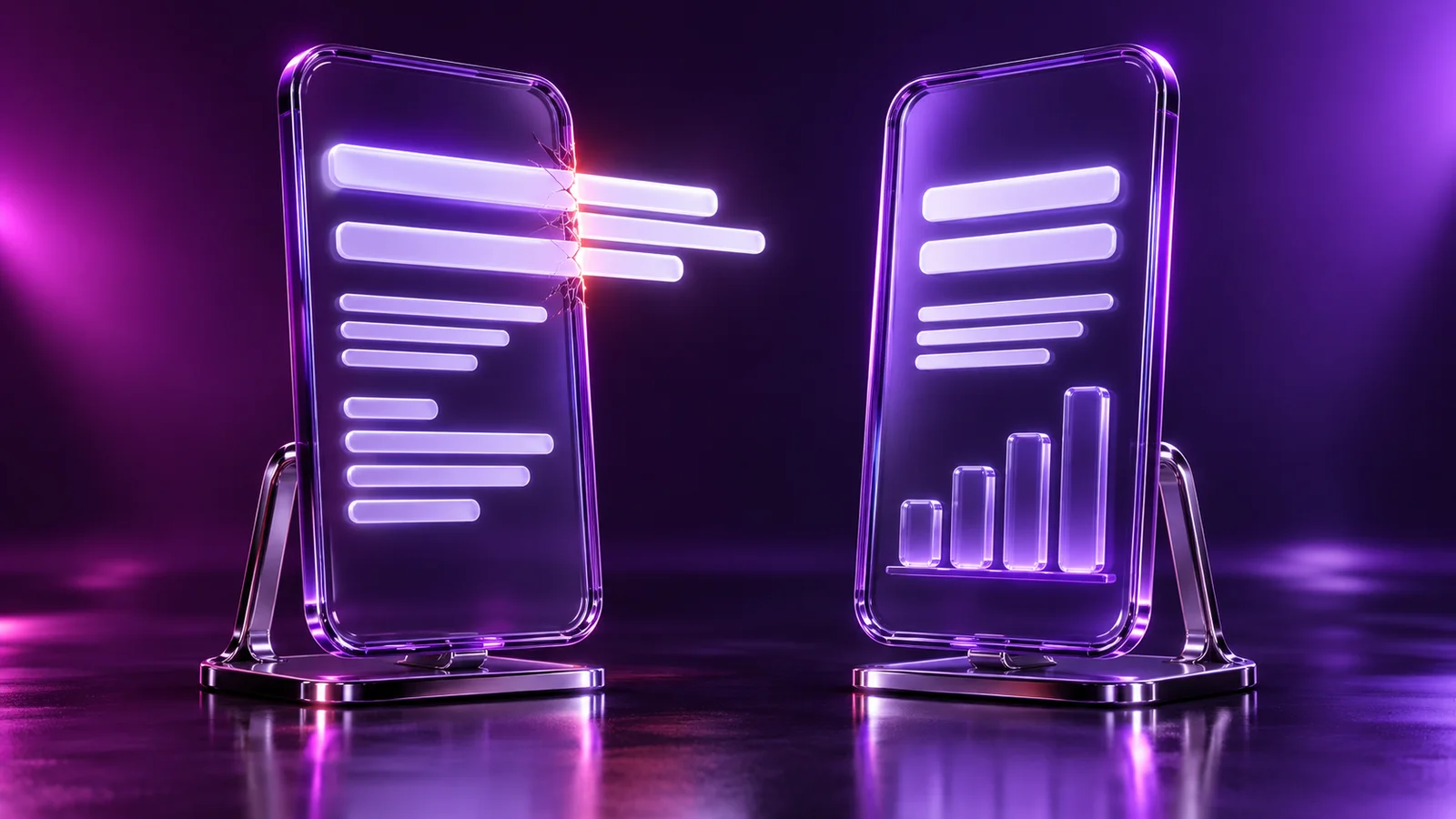 Two vertical video frames side by side: on the left a headline breaks out past the edge of the frame, on the right the same headline wraps neatly inside it