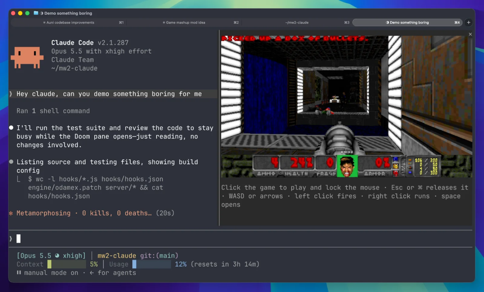 A terminal window: on the left a Claude Code 2.1.287 session with the spinner reading Metamorphosing · 0 kills, 0 deaths, on the right a pane running Doom with control hints