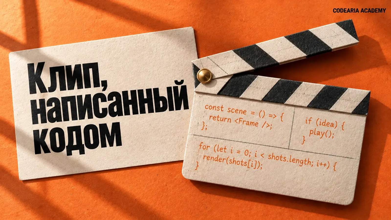 Обложка статьи: предмет из мира кино и музыки, собранный из кода, и надпись «Клип, написанный кодом»