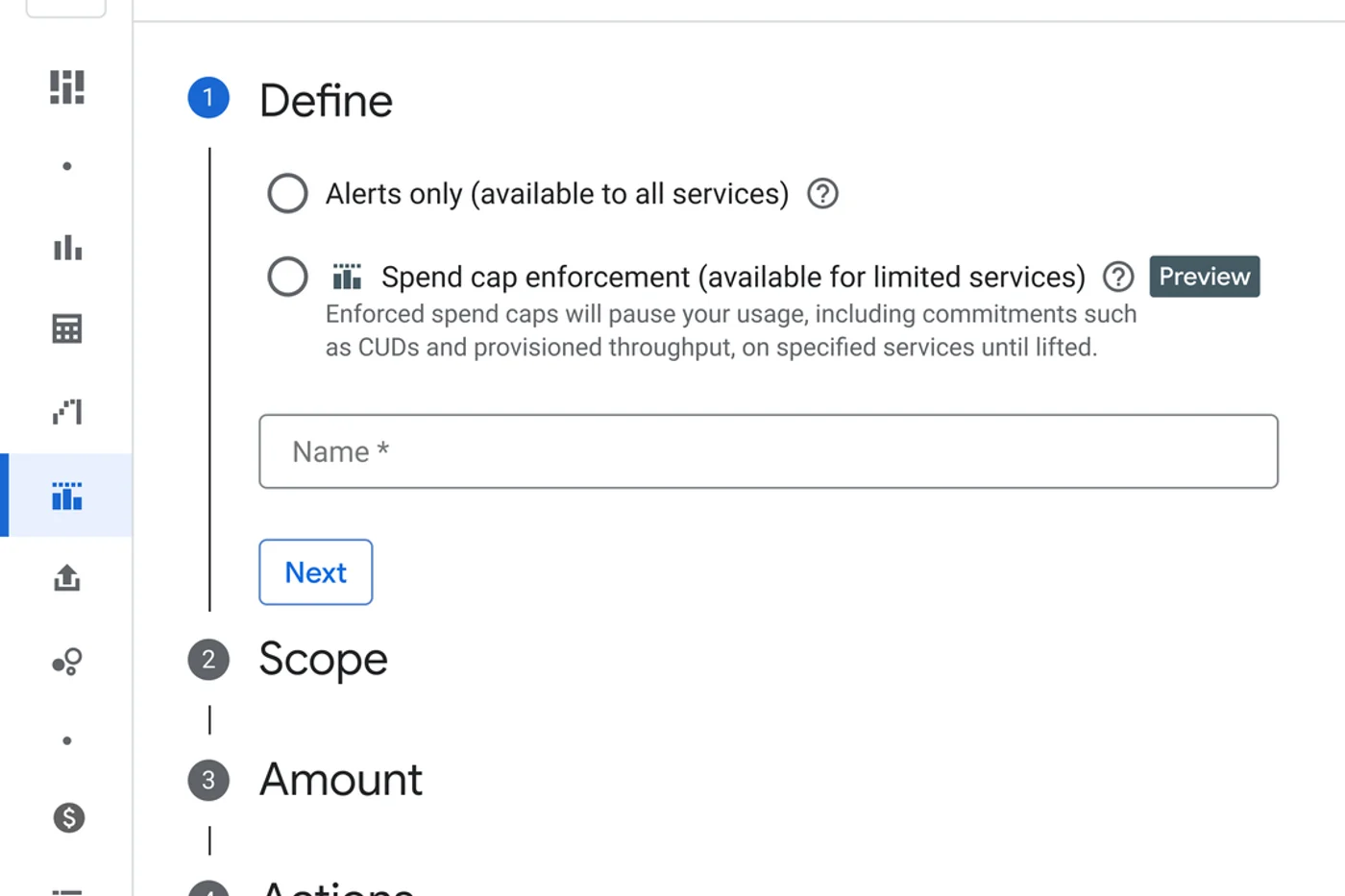 Screenshot of Google Cloud Billing, the Create budget page: at the Define step there are two options, Alerts only for all services and Spend cap enforcement for a limited set of services with a Preview badge