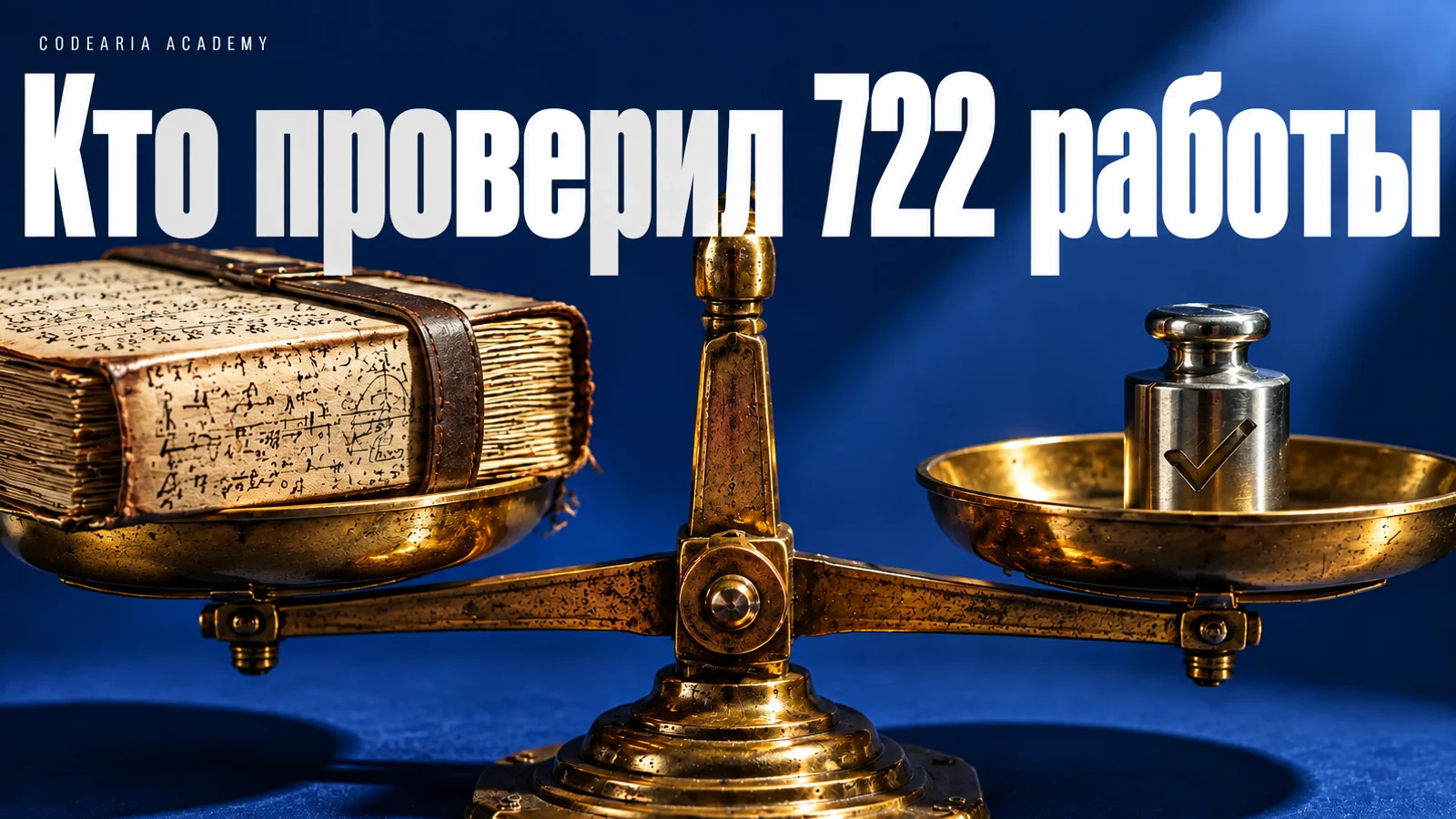 Обложка статьи: надпись «Кто проверил 722 работы» и предмет, показывающий проверенную и непроверенную часть стопки рукописей