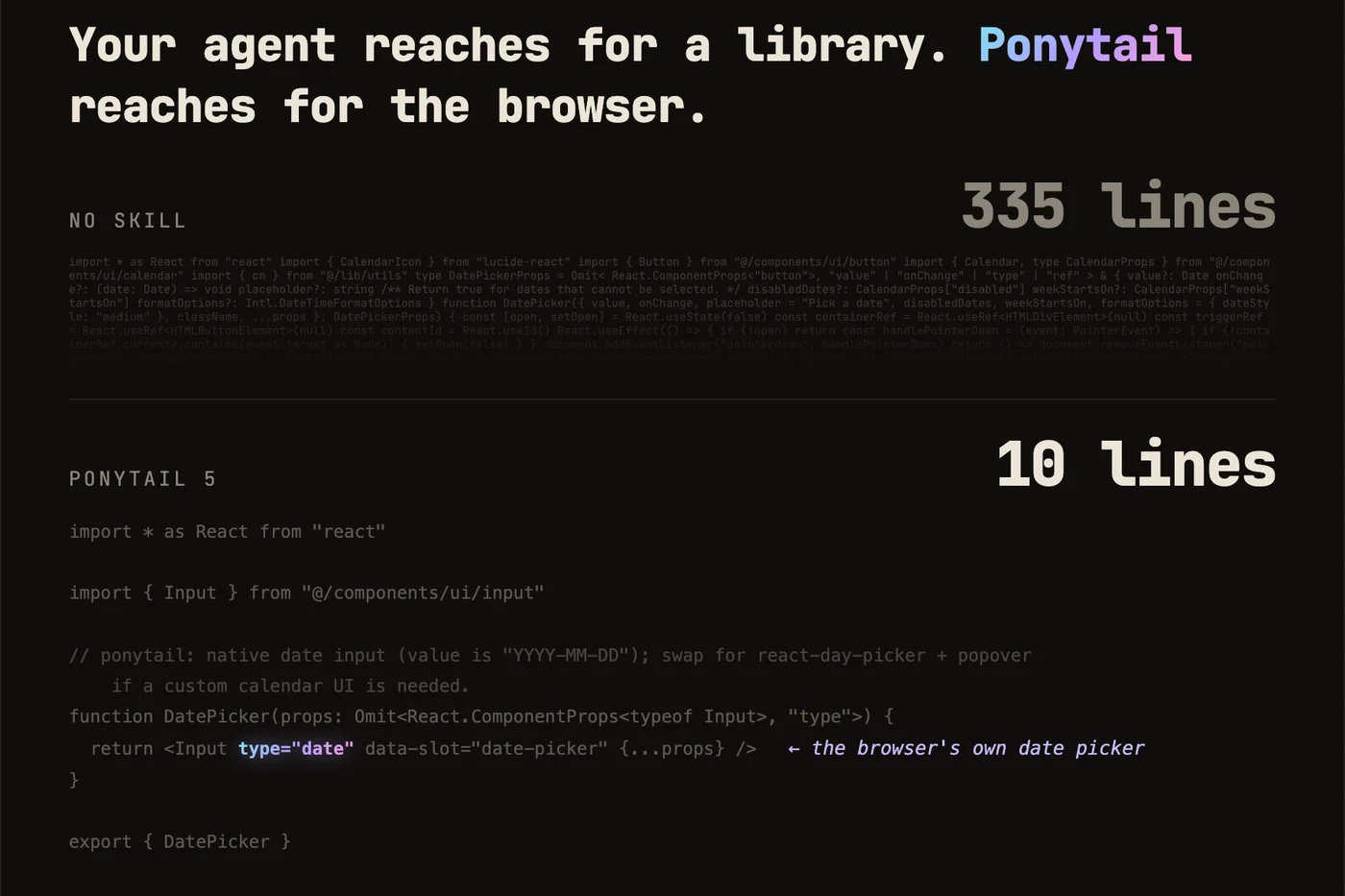 Сравнение: с Ponytail кода вдвое меньше и тест на рискованном месте в 98% случаев, без него больше кода и тест в 68%