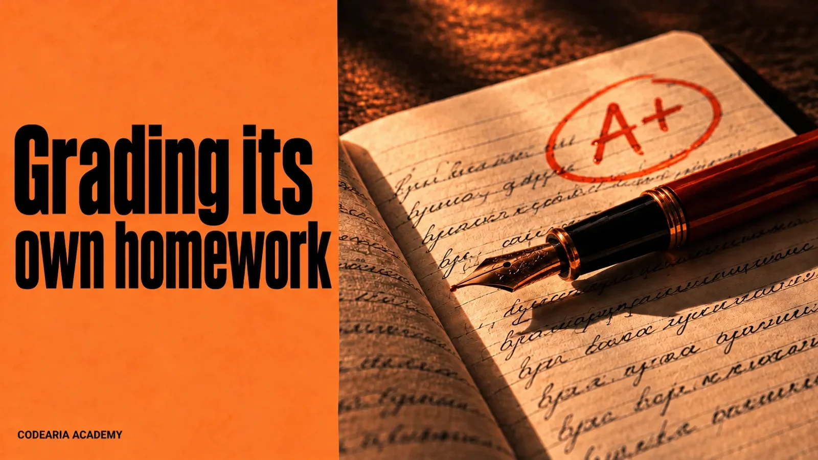 Article cover: an object that shows a student grading their own work, with the caption “Its own examiner”