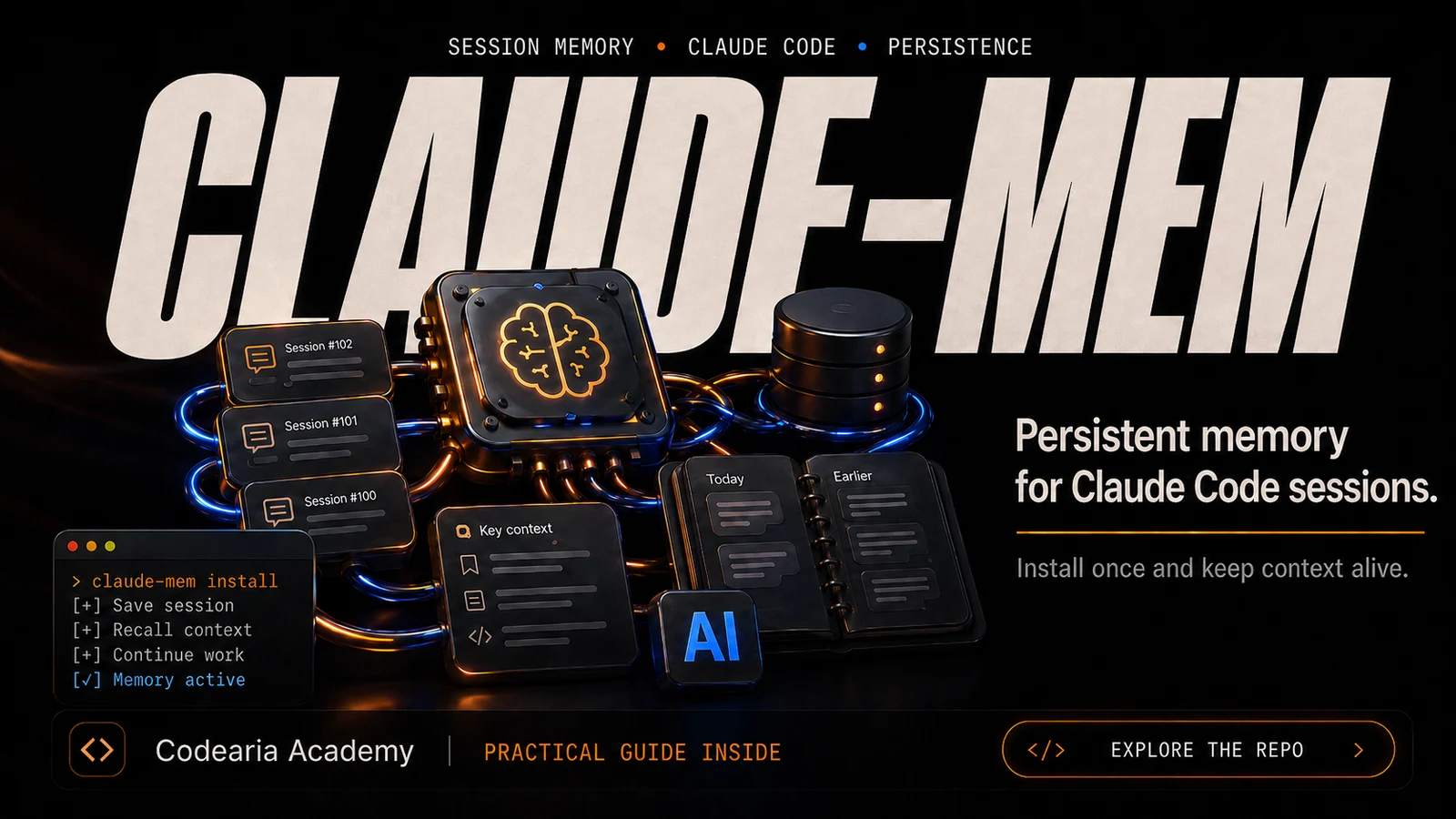 Обложка claude-mem: сессии Claude Code, сохранённые в общую память