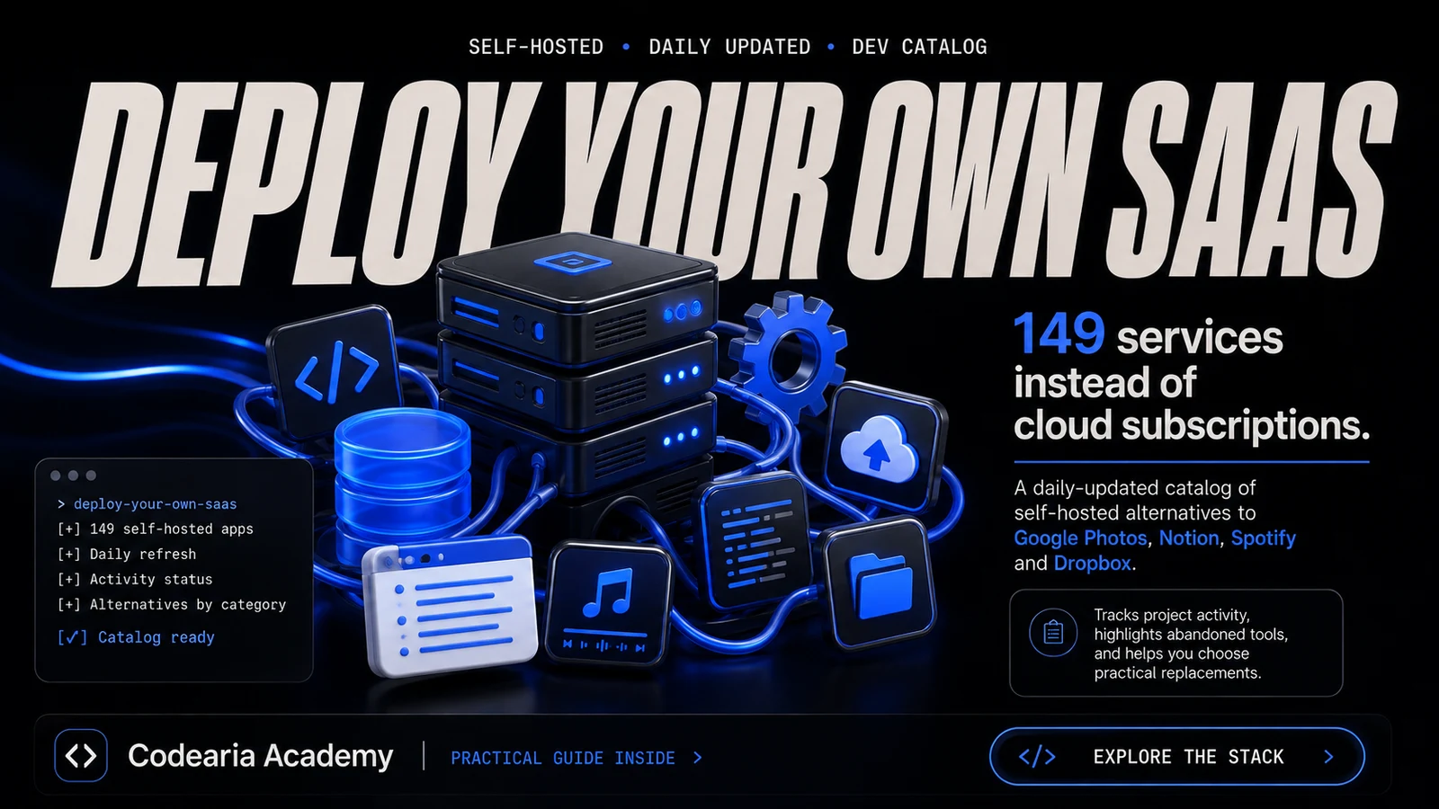 deploy-your-own-saas cover: a stack of servers and service icons — 149 self-hosted apps instead of cloud subscriptions