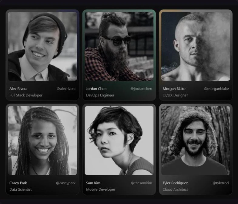 The Chroma Grid component: a grid of people cards where colour appears under the cursor