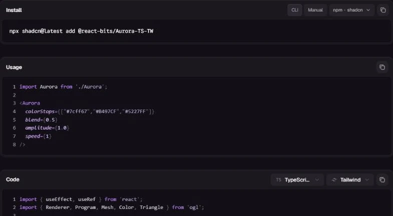 The Aurora component page: install command, usage example and full source with TypeScript and Tailwind switches