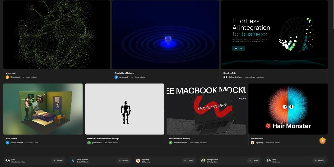 Лента библиотеки Spline с готовыми сценами и счётчиками просмотров