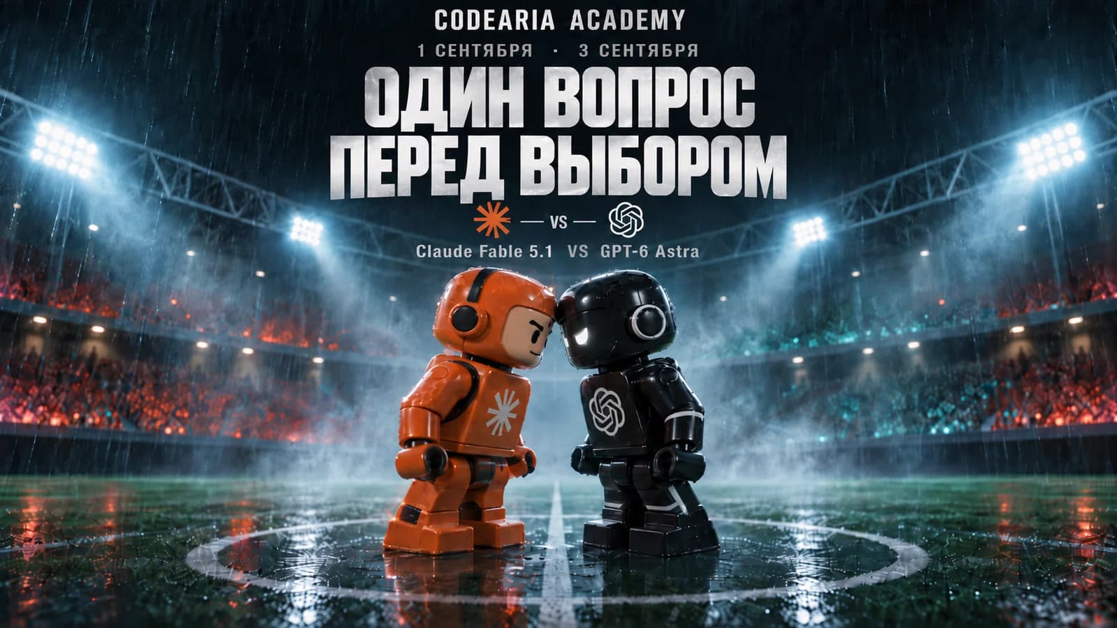 Обложка статьи: ночной стадион под дождём, две игрушечные фигурки лбом ко лбу, оранжевая с логотипом Claude и чёрная с логотипом OpenAI, надпись Один вопрос перед выбором