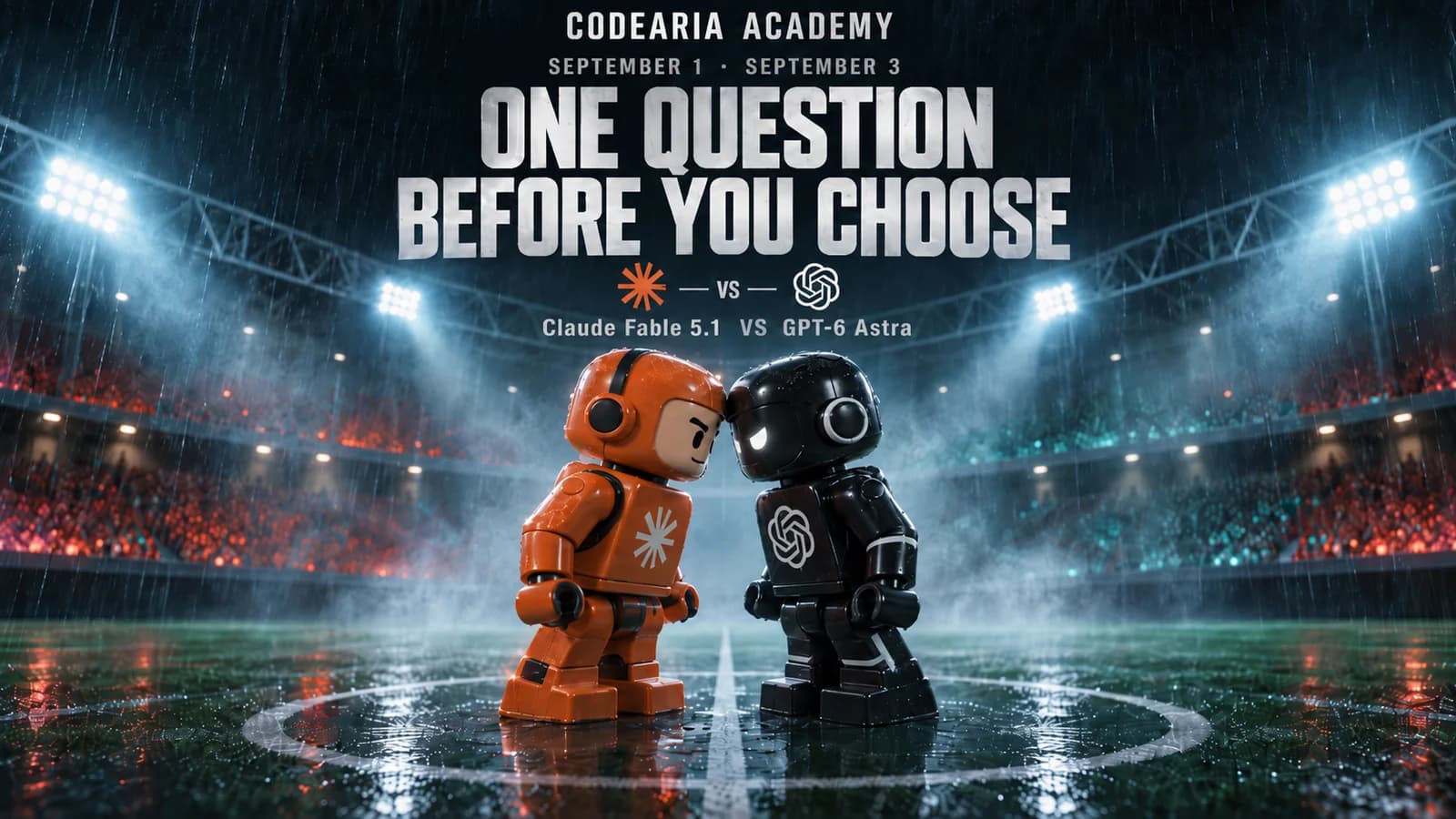 Article cover: a rain-soaked night stadium, two toy figures head to head, an orange one with the Claude logo and a black one with the OpenAI logo, caption One question before you choose